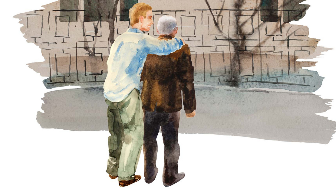 Zeichnung von einem jungen Mann, der einen alten Mann hält und führt. 